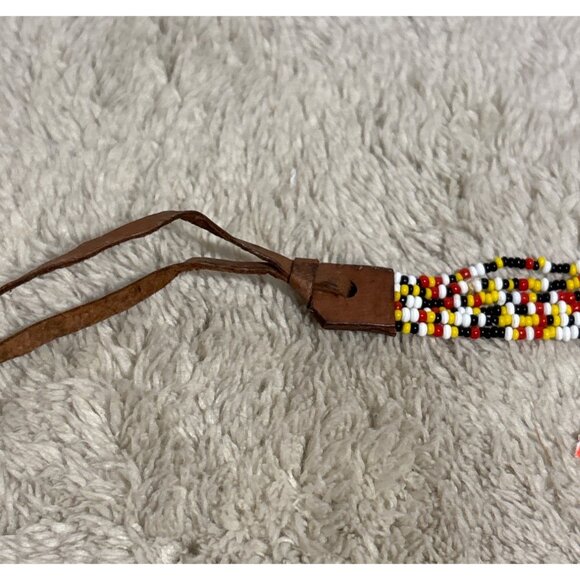 Handcrafted Multicolor Beaded Leather Bracelet Necktie With Adjustable Ties - Picture 3 of 8